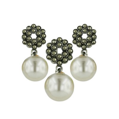 Marcasite Set Open Flower Top 12mm White Pearl Dangle