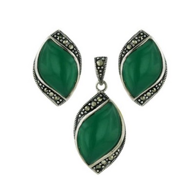Marcasite Set Marquis Shape with Green Agate Center