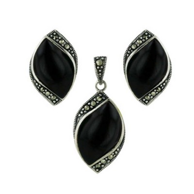 Marcasite Set Marquis Shape with Onyx Center