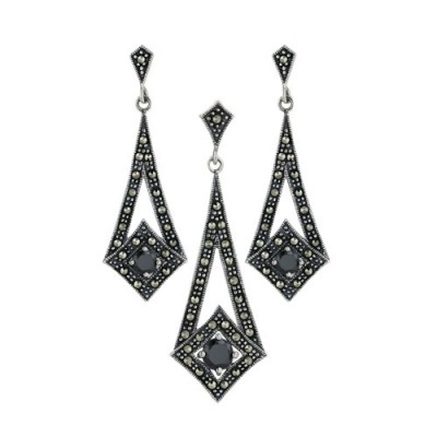 Marcasite Set Kite Dangle with Black Cubic Zirconia on Bottom