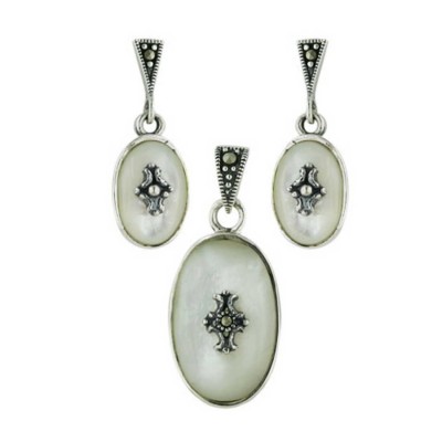 Marcasite Set Mother of Pearl Oval with Cross in Center