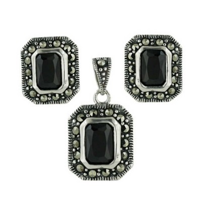 Marcasite Set Black Cubic Zirconia Baguette Center Marcasite Around