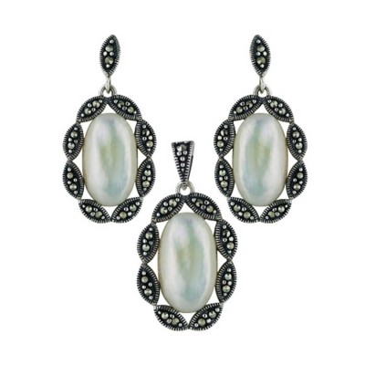 Marcasite Set 8.5X14.5mm Mother of Pearl Oval Marquis with Marcasite