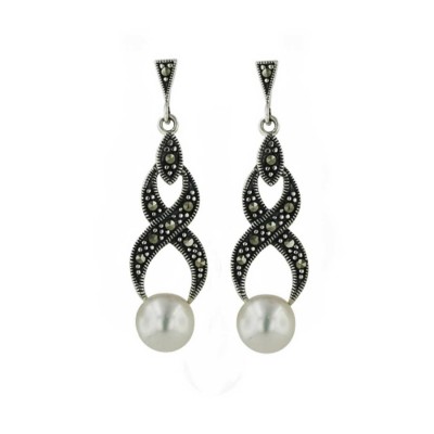 Marcasite Earring 7Mm Potato Fresh Water Pearl On Open Infinity Shape