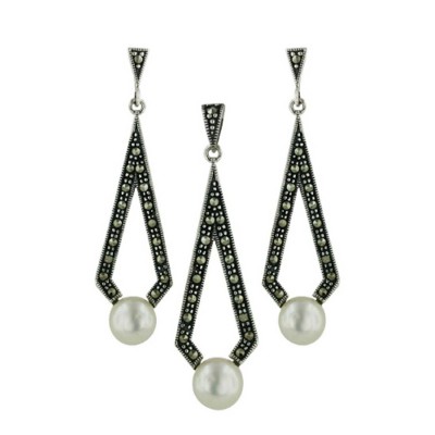 Marcasite Set 7.5mm Potato Fresh Water Pearl on Open Kite Shape
