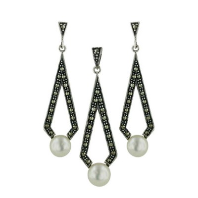 Marcasite Set 7.5mm Potato Fresh Water Pearl on Open Kite Shape