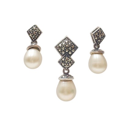 Marcasite Set Diamond Pave +Fresh Water Pearl Oval Drop