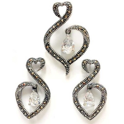 Marcasite Set Heart Swirl Swiss Marcasite with Dangling Clear Cubic Zirconia