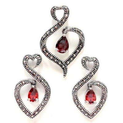 Marcasite Set Heart Swirl Swiss Marcasite with Dangling Granet Cubic Zirconia