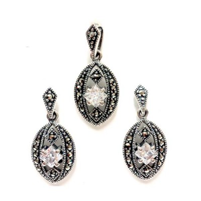 Marcasite Set Oval Shaped with Swiss Marcasite & Square Clear Cubic Zirconia