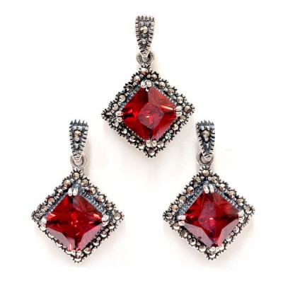 Marcasite Set Swiss Marcasite Rhombus with Garnet Cubic Zirconia