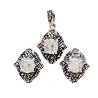 Marcasite Set Square & Rd Swiss Marcasite Rhombus with Round Clear Cubic Zirconia