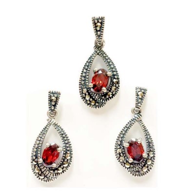 Marcasite Set Swiss Marcasite Teardrop with Oval Garnet Cubic Zirconia