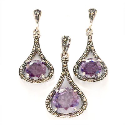 Marcasite Set Rd Amethyst Cubic Zirconia with Marcasite Outline Teardrop