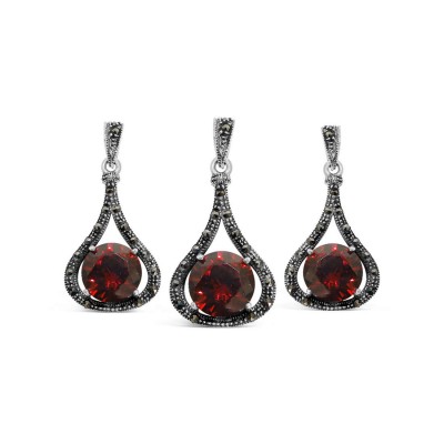 Marcasite Set Garnet Cubic Zirconia With Marcasite Outline Teardrop