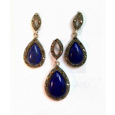 Marcasite Set Lapis Blue Teardrop Marcasite Outline with Marquise
