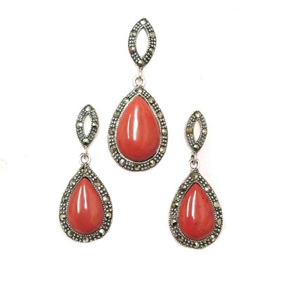 Marcasite Set Red Jasper Teardrop Marcasite Outline with Marquise