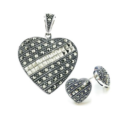 Marcasite Set Pendant+Earring Square Marcasite Line Across Puffy Heart