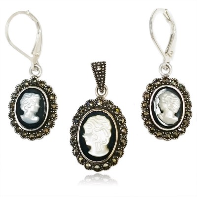 Marcasite Set Oval Dangle Cameo with Marcasite Border