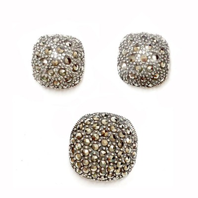 Marcasite Set Pendant+Earring Square Puffy Paved with Round Marcasite