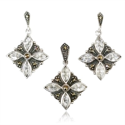 Marcasite Set 4 Marquise Clear Cubic Zirconia Formed Rhombus Shaped