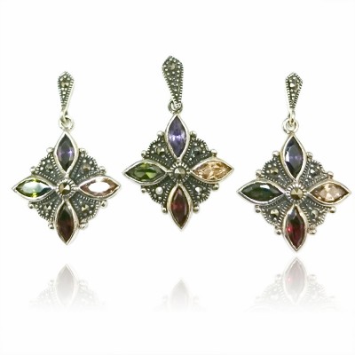 Marcasite Set Amethyst+Garnet +Olivine+Champagne Cubic Zirconia Marquise Formed Rhombus