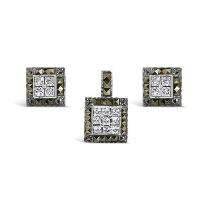 Marcasite Set Square Marcasite with Clear Cubic Zirconia Center