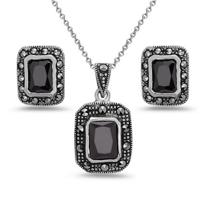MARCASITE SET BLACK CUBIC ZIRCONIA RECTANGLE CUBIC ZIRCONIA CENTER MARCASITE WRAP