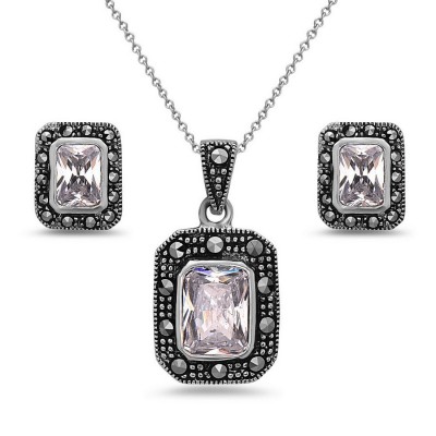 MARCASITE SET CLEAR CUBIC ZIRCONIA RECTANGLE CUBIC ZIRCONIA CENTER MARCASITE WRAP