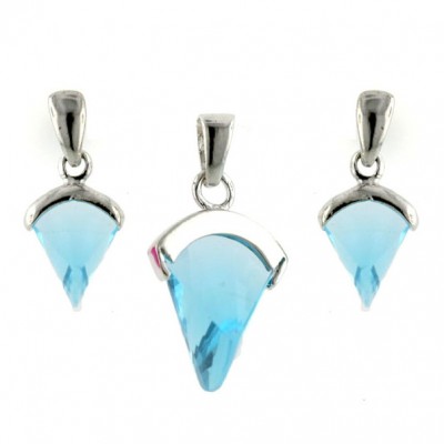 Sterling Silver Pendant 15X10mm+Earring 10X6mm Triangle Fancy Cut Aqu