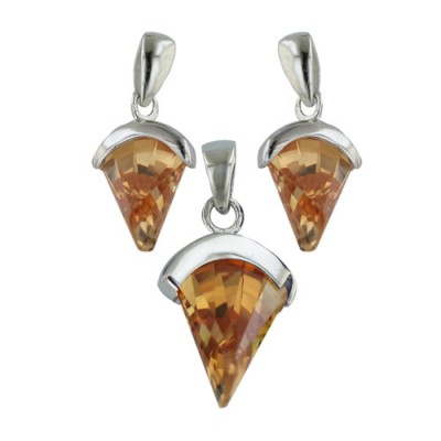 Sterling Silver Pendant 15X10mm+Earring 10X6mm Champagne Cubic Zirconia Free Cut