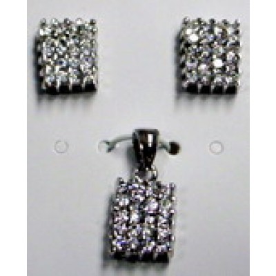 Sterling Silver Set of Earring+Pendant Clear Crystl Rectangular