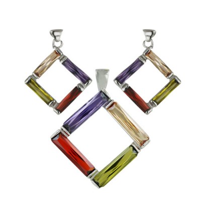 Sterling Silver Set of Earring+Pendant Frame Garnet +Champagne+Olivine+Ame Cubic Zirconia