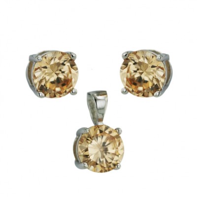 Sterling Silver Set 8mm Round Champagne Cubic Zirconia Stud 4 Prongs