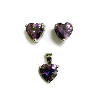 Sterling Silver Set 7X7Mm Heart Amethyst Cubic Zirconia Stud