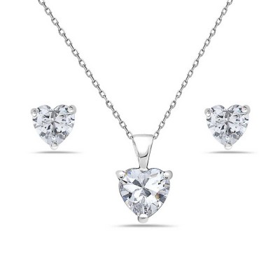 Sterling Silver Set 7X7mm Heart Clear Cubic Zirconia Stud