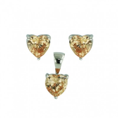 Sterling Silver Set Earring+Pendant Heart Stud Champagne Cubic Zirconia 6mm