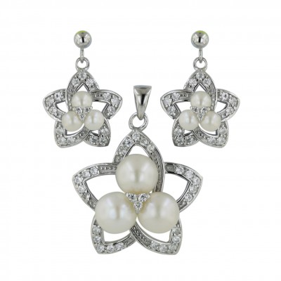 Sterling Silver Pendant 8mm+Earring 4mm Triple White Fresh Water Pearl with Open Clear Cubic Zirconia