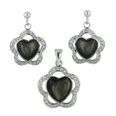 Sterling Silver Set Black Mother of Pearl Heart with Cubic Zirconia