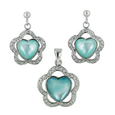 Sterling Silver Set Blue Mother of Pearl Heart with Cubic Zirconia