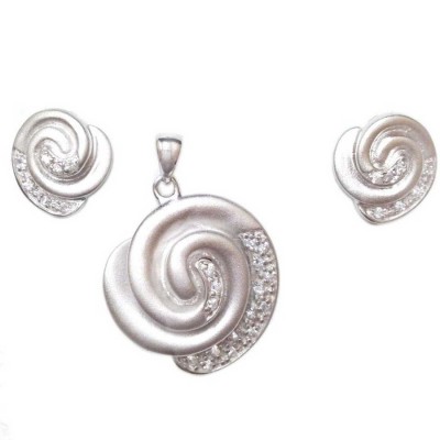 Sterling Silver Pendant 23mm+Earring 13mm Rhodium Swirl with Clear Cubic Zirconia--R