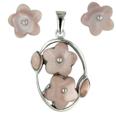 Sterling Silver Pendant (2) +Earg (1) Oval with Pink Mother of Pearl Flower