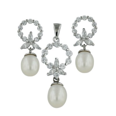 Sterling Silver Set Cubic Zirconia Flower Circle+Fresh Water Pearls Tear Drop D