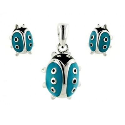 Sterling Silver Pendant 12X9mm+Earring 8X6mm Turquoise Epoxy+Black Epoxy#10 Lad