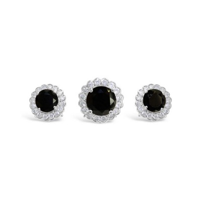 Sterling Silver Pendant(10Mm)+Earring(8Mm) Round Black Cubic Zirconia Stud