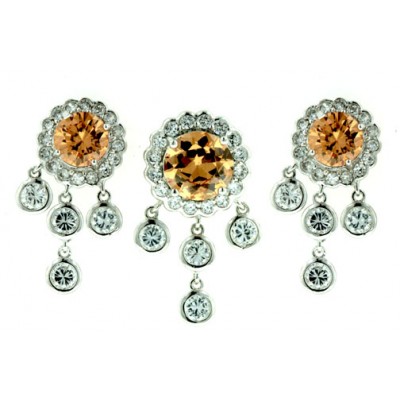 Sterling Silver Pendant (10mm) +Earg (8mm) Round Champagne Cubic Zirconia with 4 Cubic Zirconia Bezel