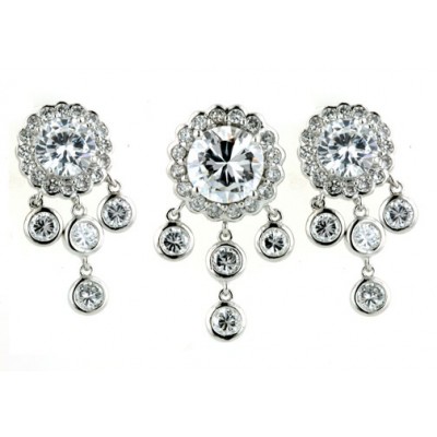 Sterling Silver Pendant (10mm) +Earg (8mm) Round Clear Cubic Zirconia with 4 Cubic Zirconia Bezel