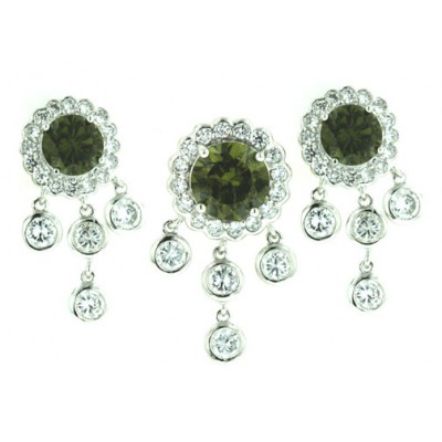 Sterling Silver Pendant (10mm) +Earg (8mm) Round Olivine Cubic Zirconia with 4 Cubic Zirconia B