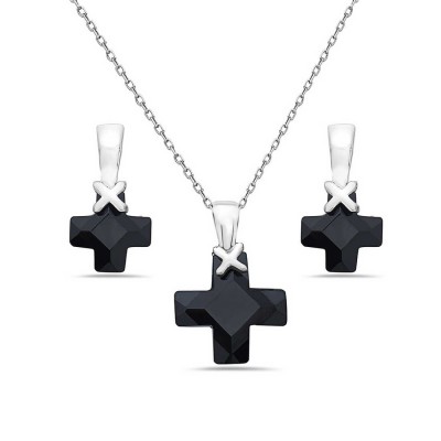 Sterling Silver Set Black Cubic Zirconia Cross Cut with Plain "X"
