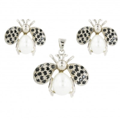 Sterling Silver Set Pave Black Cubic Zirconia with White Faux Pearl Bee
